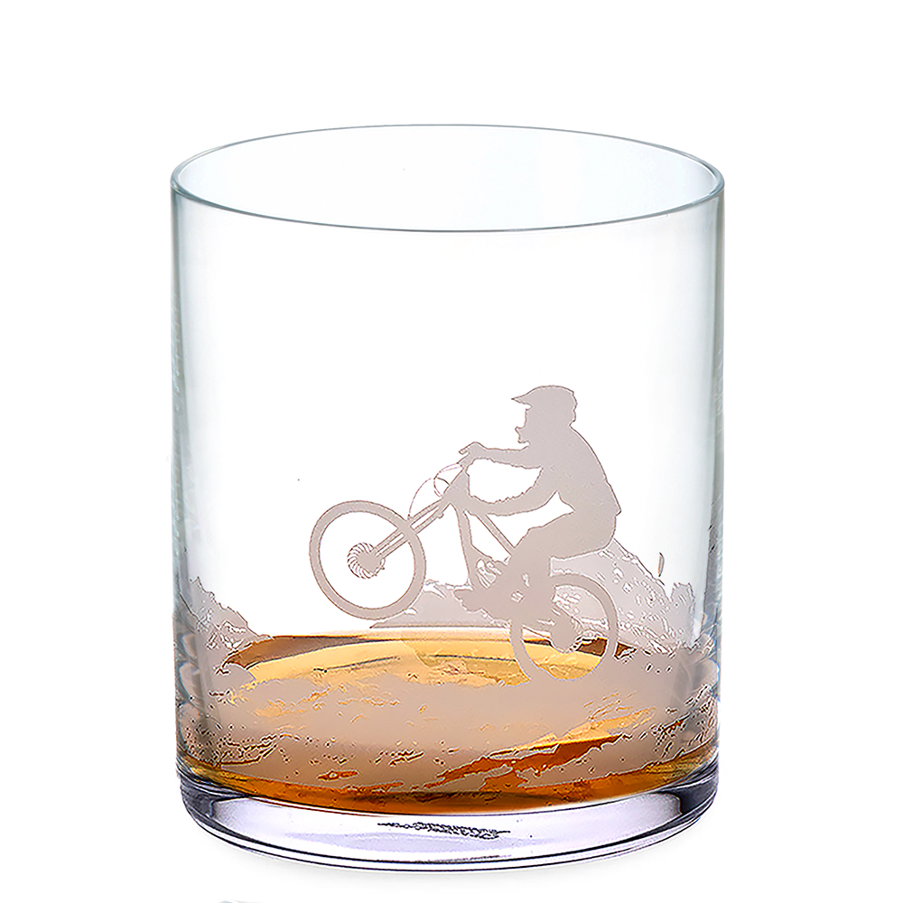 8470BIKE_Mountain Biker Whisky Glass_1=filled glass white background