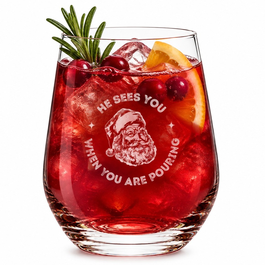8311SP_Filled 1_Santa Pours Stemless Glass02 Santa Pour Stemless Wine Glass 13oz / 370ml – 6pk – Image 1